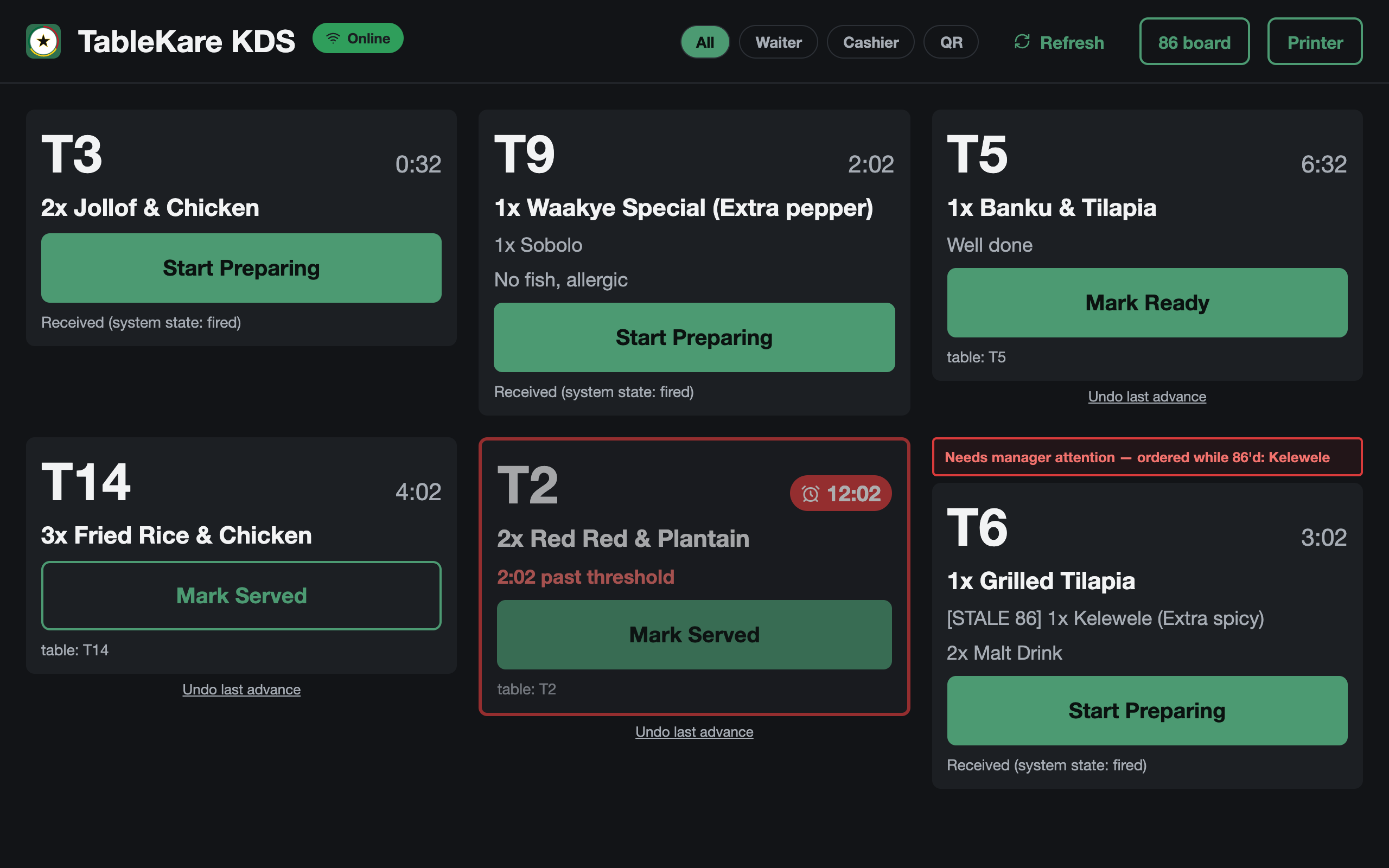 Obali TableKare kitchen display with live order tickets and timers