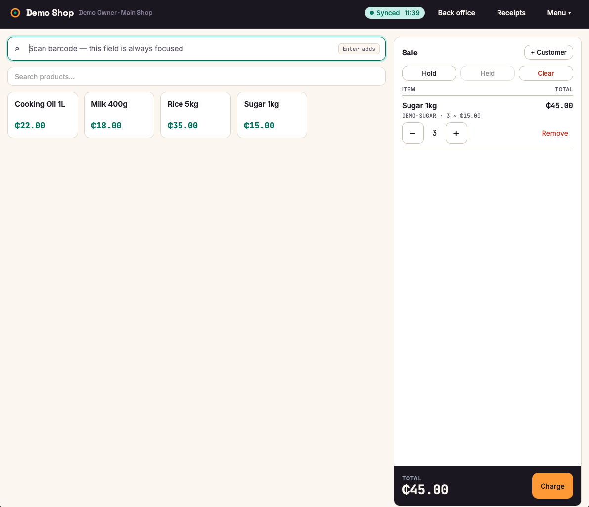 Obali POS till with barcode scan field, product grid and a running sale